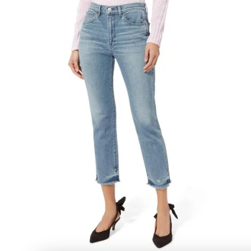 3X1 NYC Made Here Light Wash Raw Hem Straight Leg Stretch Jeans in Muray EUC 25
